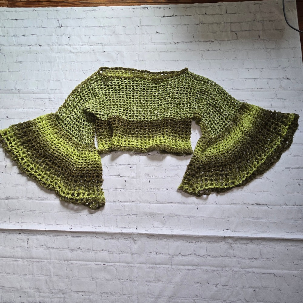 Handmade Crochet Green Ombre Mesh Knit Bell Sleeve Cropped Bolero Top OS